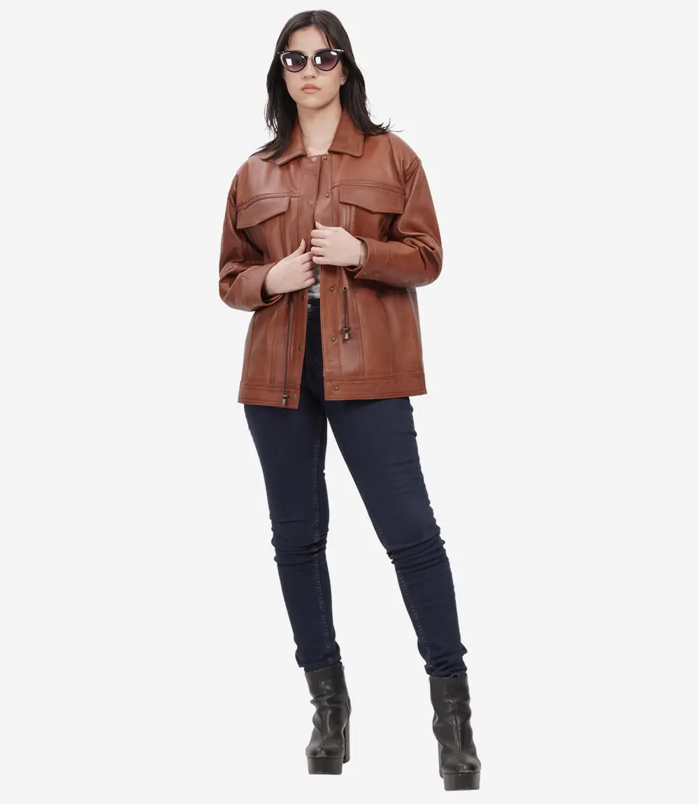 womens brown leather jacket oversized