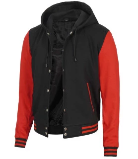 black and red letterman with hood